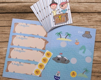 Schatzsuche für das Kindergeburtstag Motto Pirat / Schnitzeljagd Komplett Set mit 6 Piraten Diplomen Schatzkarte und Aufklebern