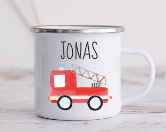 Enamel mug with fire department motif for children / printed with desired name / cup 8 cm diameter, 300 ml capacity