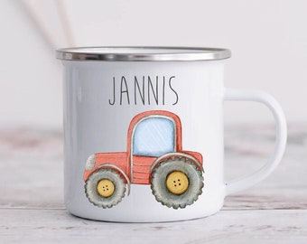 Enamel mug tractor motif for children / printed with desired name / cup 8 cm diameter 300 ml capacity