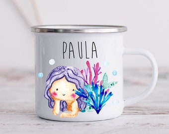 Enamel mug with mermaid motif for children / printed with desired name / cup 8 cm diameter, 300 ml capacity