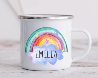 Enamel mug motif rainbow colorful for children / printed with desired name / cup 8 cm diameter 300 ml capacity