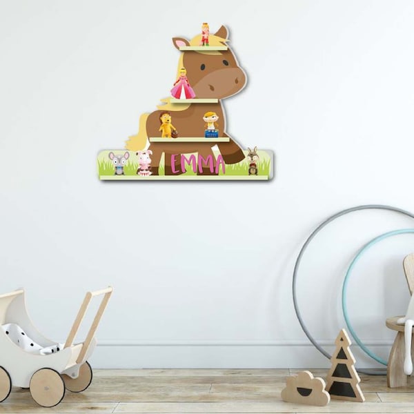 Tonie shelf motif horse printed with desired name / 45 x 40 cm with space for around 35 Tonies / with four shelves and magnetic stickers