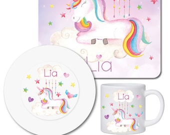 Juego de vajilla infantil personalizada con nombre/tabla de desayuno plato y taza infantil con nombre fabricado en melamina/unicornio 2