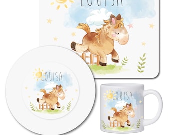 Children's tableware set personalized with name / breakfast board children's plates and cups with name made of melamine / horse