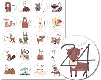 24 stickers for DIY bags advent calendar forest animals / diameter 3.5 cm stickers with strong adhesive power