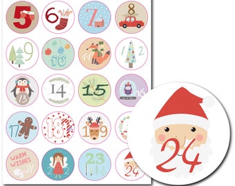 24 Aufkleber für DIY Tüten Adventskalender Nostalgie / Durchmesser 3,5 cm Sticker mit starker Klebekraft