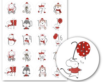 24 stickers for DIY bags Advent calendar Christmas animals / diameter 3.5 cm sticker with strong adhesive power