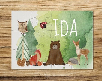 Puzzle in legno personalizzato con nome / 12 o 30 pezzi / 18 x 25 cm / puzzle per bambini con nome motivo animali della foresta