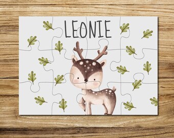 Wooden puzzle personalized with name / 12 or 30 pieces / 18 x 25 cm / children's puzzle with name motif deer