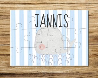 Wooden puzzle personalized with name / 12 or 30 pieces / 18 x 25 cm / Children's puzzle with name motif whale