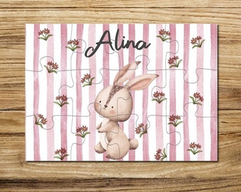 Wooden puzzle personalized with name / 12 or 30 pieces / 18 x 25 cm / children's puzzle with name motif rabbit