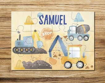 Puzzle Bagger aus Holz mit Namen personalisiert / 12 oder 30 Teile / 18 x 25 cm / Kinder Puzzle mit Namen Motiv Baustelle