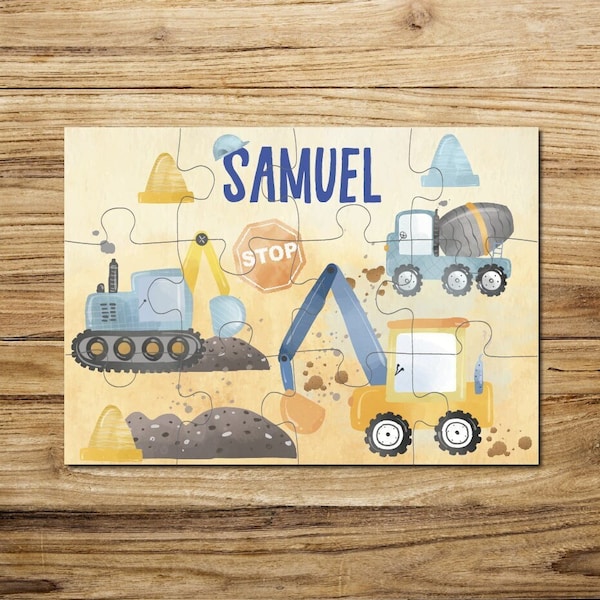 Puzzle excavator made of wood personalized with name / 12 or 30 pieces / 18 x 25 cm / children's puzzle with name motif construction site