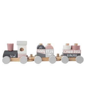 Train in wooden pink personalized with name and dates / 41 x 5 x 11 cm / ideal as a gift for birth or birthday