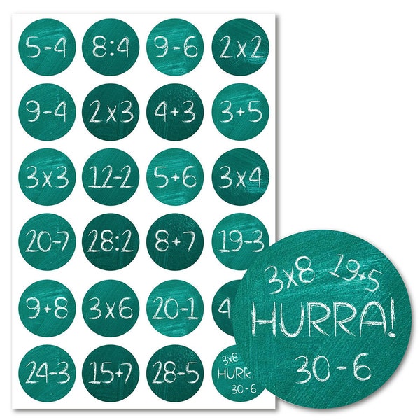 24 Aufkleber für DIY Tüten Adventskalender Rechenaufgaben lustig / Durchmesser 3,5 cm Sticker mit starker Klebekraft