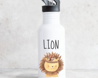 Stainless steel drinking bottle with lion motif for children / printed with desired name for school and sports / 500 ml capacity