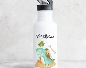 Trinkflasche aus Edelstahl Motiv Dino für Kinder / bedruckt mit Wunschname für Schule und Sport / 500 ml Füllmenge