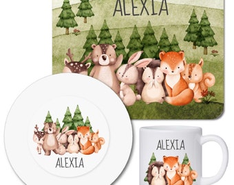 Juego de vajilla infantil personalizada con nombre / tabla de desayuno platos y vasos infantiles de plástico con nombre / animales del bosque