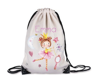 Turnbeutel Motiv Prinzessin / Sportbeutel naturfarben Kantenschutz und Namen personalisiert / 33 x 45 cm / für Schule, Kindergarten & Sport