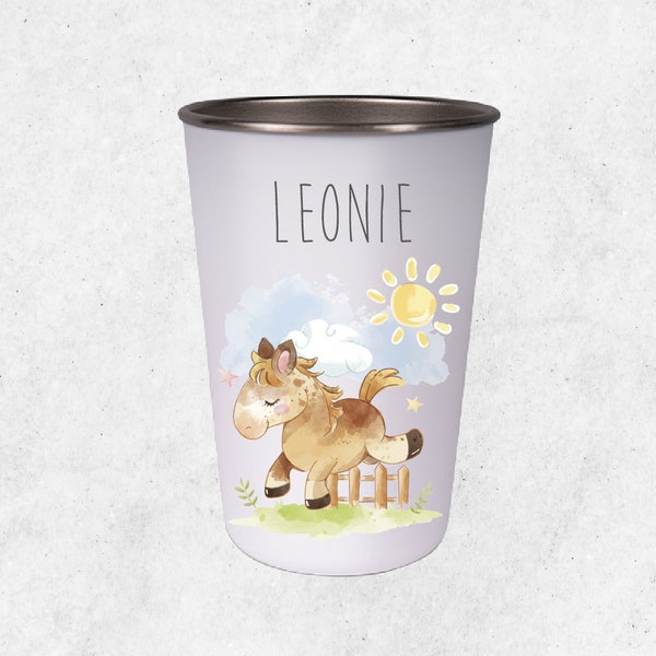 Drinking cup for children with horse motif / printed with desired name / cup made of stainless steel with 400 ml capacity and 12 cm height