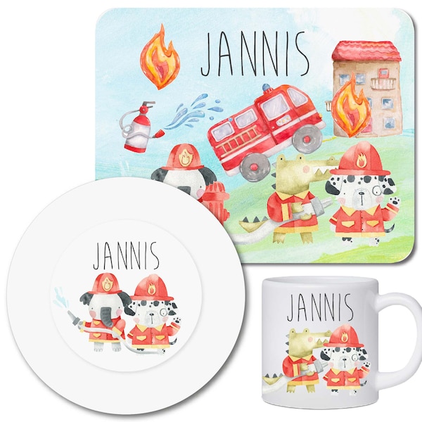 Children's tableware set personalized with name / breakfast board children's plate and cup with name / fire department 2