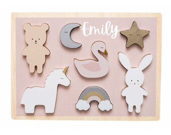 Holz Puzzle Einhorn in Pastelltönen / personalisiert mit Namen / Steckspiel als Geschenk zur Geburt oder Geburtstag