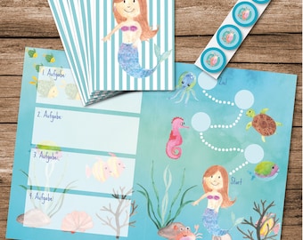 Treasure hunt set for children's birthday themed mermaid / scavenger hunt complete set with 6 mermaid diplomas treasure map and stickers