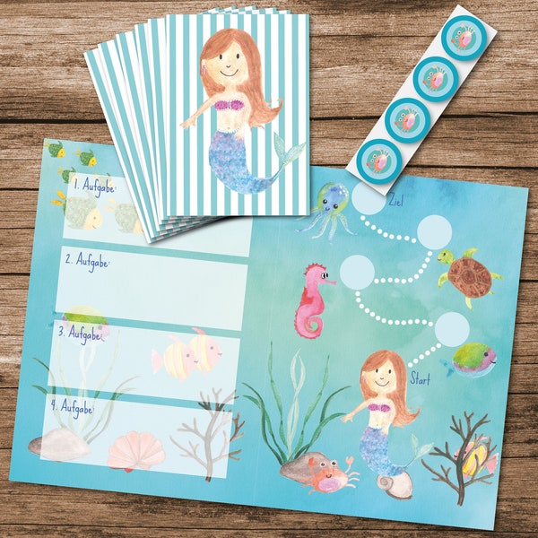 Schattenjachtset voor kinderverjaardagsthema zeemeermin / speurtocht complete set met 6 zeemeermindiploma's schatkaart en stickers