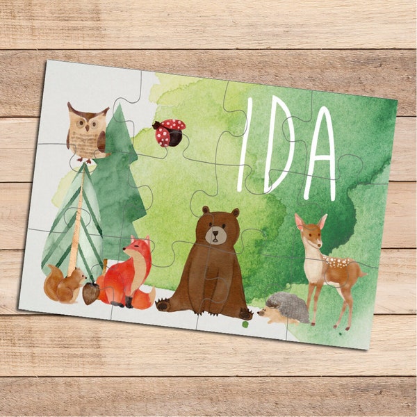 Puzzle aus Holz mit Namen personalisiert / 12 oder 30 Teile / 18 x 25 cm / Kinder Puzzle mit Namen Motiv Waldtiere