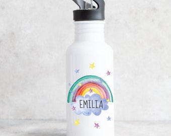 Trinkflasche aus Edelstahl Motiv Regenbogen für Kinder / bedruckt mit Wunschname für Schule und Sport / 500 ml Füllmenge