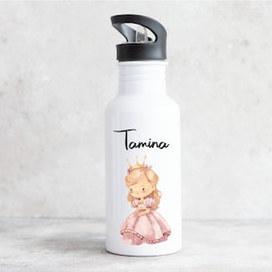 Stainless steel drinking bottle with princess motif for children / printed with desired name for school and sports / 500 ml capacity