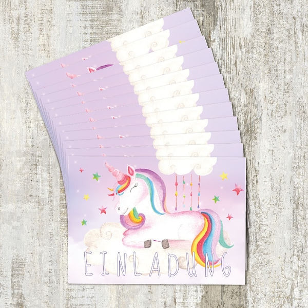 12 Einladungskarten Einhorn für den Kindergeburtstag zum ausfüllen / Einladung Einhorn handgemaltes Design / Format DIN A6