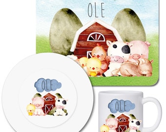 Set de vaisselle pour enfants personnalisé avec nom / planche à petit-déjeuner assiettes et tasses pour enfants avec nom / ferme