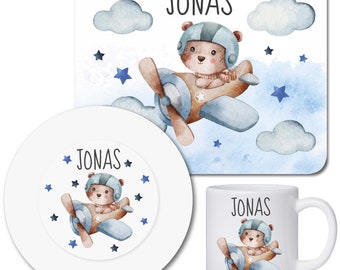 Children's tableware set personalized with name / breakfast board children's plates and cups with name / airplane