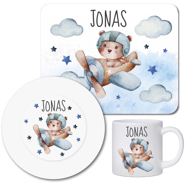 Set de vaisselle pour enfants personnalisé avec nom / planche à petit-déjeuner assiettes et tasses pour enfants avec nom / avion