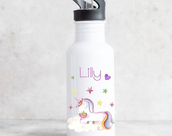 Stainless steel drinking bottle with unicorn motif for children / printed with desired name for school and sports / 500 ml capacity