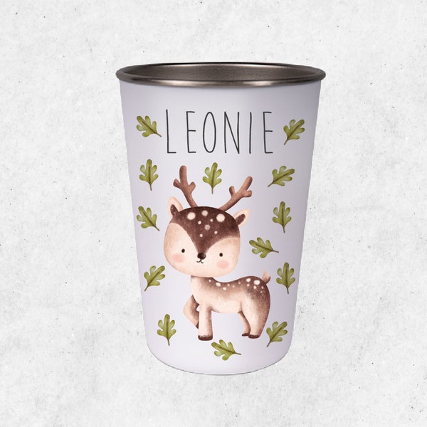 Drinking cup for children with deer motif / printed with desired name / cup made of stainless steel with 400 ml capacity and 12 cm height