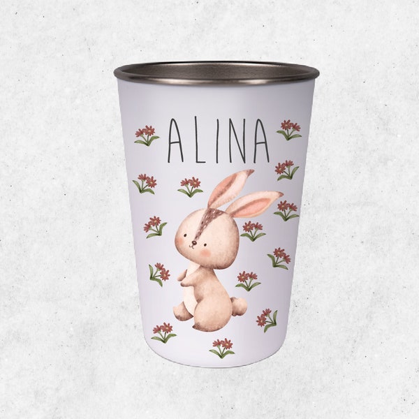 Drinking cup for children with a motif of a rabbit with flowers / printed with the name of your choice / cup made of stainless steel with a capacity of 400 ml and a height of 12 cm