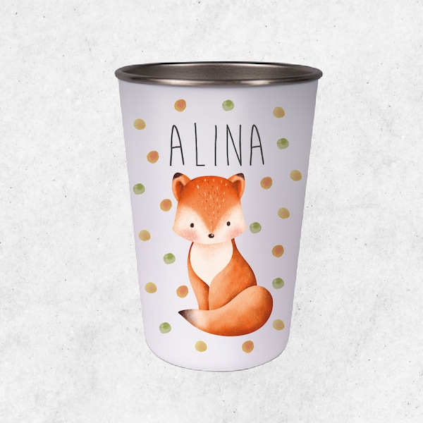 Drinking cup for children with fox motif / printed with desired name / cup made of stainless steel with 400 ml capacity and 12 cm height