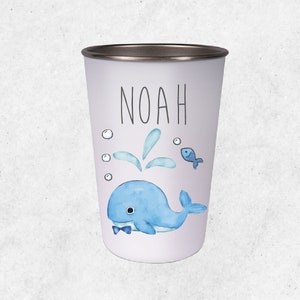 Drinking cup for children with whale motif / printed with desired name / cup made of stainless steel with 400 ml capacity and 12 cm height