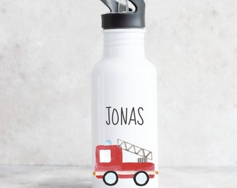 Stainless steel drinking bottle with fire department motif for children / printed with desired name for school and sports / 500 ml capacity