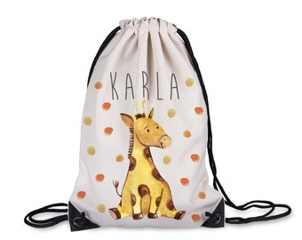 Turnbeutel Motiv Giraffe / Sportbeutel naturfarben Kantenschutz und Namen / 33 x 45 cm / für Schule, Kindergarten & Sport