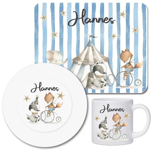 Set de vaisselle pour enfants personnalisé avec nom / planche à petit-déjeuner assiettes et tasses pour enfants avec nom / cirque