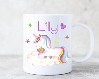 Plastic cup with unicorn motif for children / printed with desired name / cup with porcelain look in two sizes