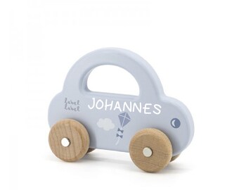 Spielzeug Auto aus Holz mit Namen in blau / Babygeschenk zur Geburt - Geschenk für Baby - Geburtsgeschenk Mädchen und Jungen personalisiert