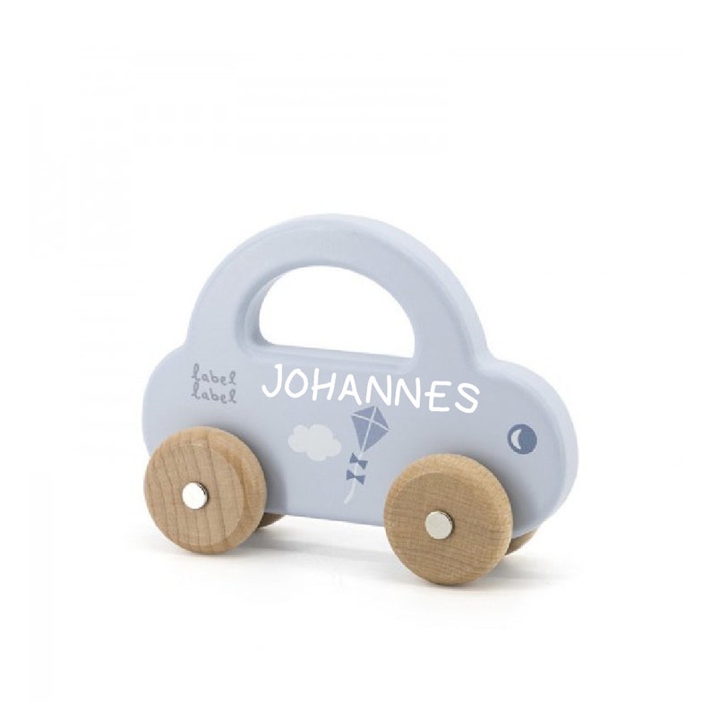 Toy car made of wood with name in blue / baby gift for birth gift for baby birth gift girls and boys personalized image 1