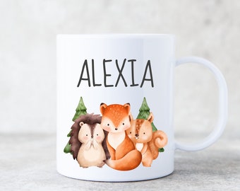 Plastic cup with forest animal motif for children / printed with desired name / cup with porcelain look in two sizes