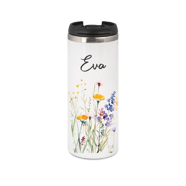 Coffee to go mug thermo mug made of stainless steel / wildflowers 2 motif / personalized with desired name / 340 ml