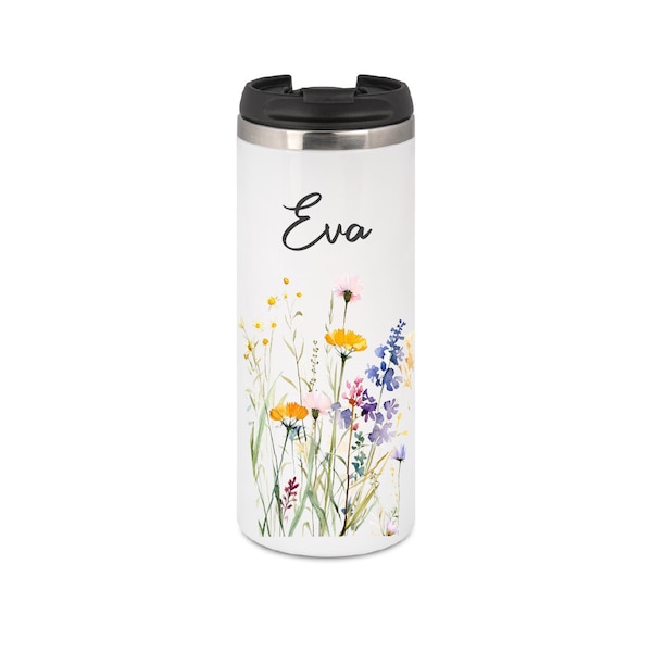 Coffee to go Becher Thermobecher aus Edelstahl / Motiv Wildblumen 2 / personalisiert mit Wunsch Namen / 340 ml