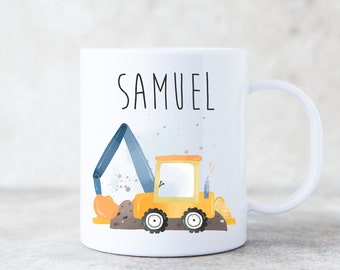 Plastic cup with excavator and construction site motif for children / printed with desired name / cup with porcelain look in two sizes